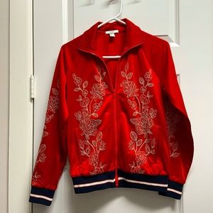 F21 Red Embroidered Bomber Jacket - Size S